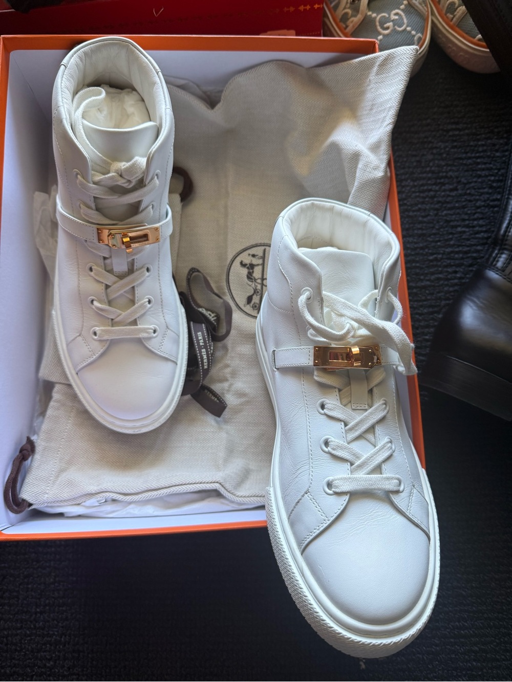 Hermes White Leather High-Top Sneakers with Rose Gold Hardware